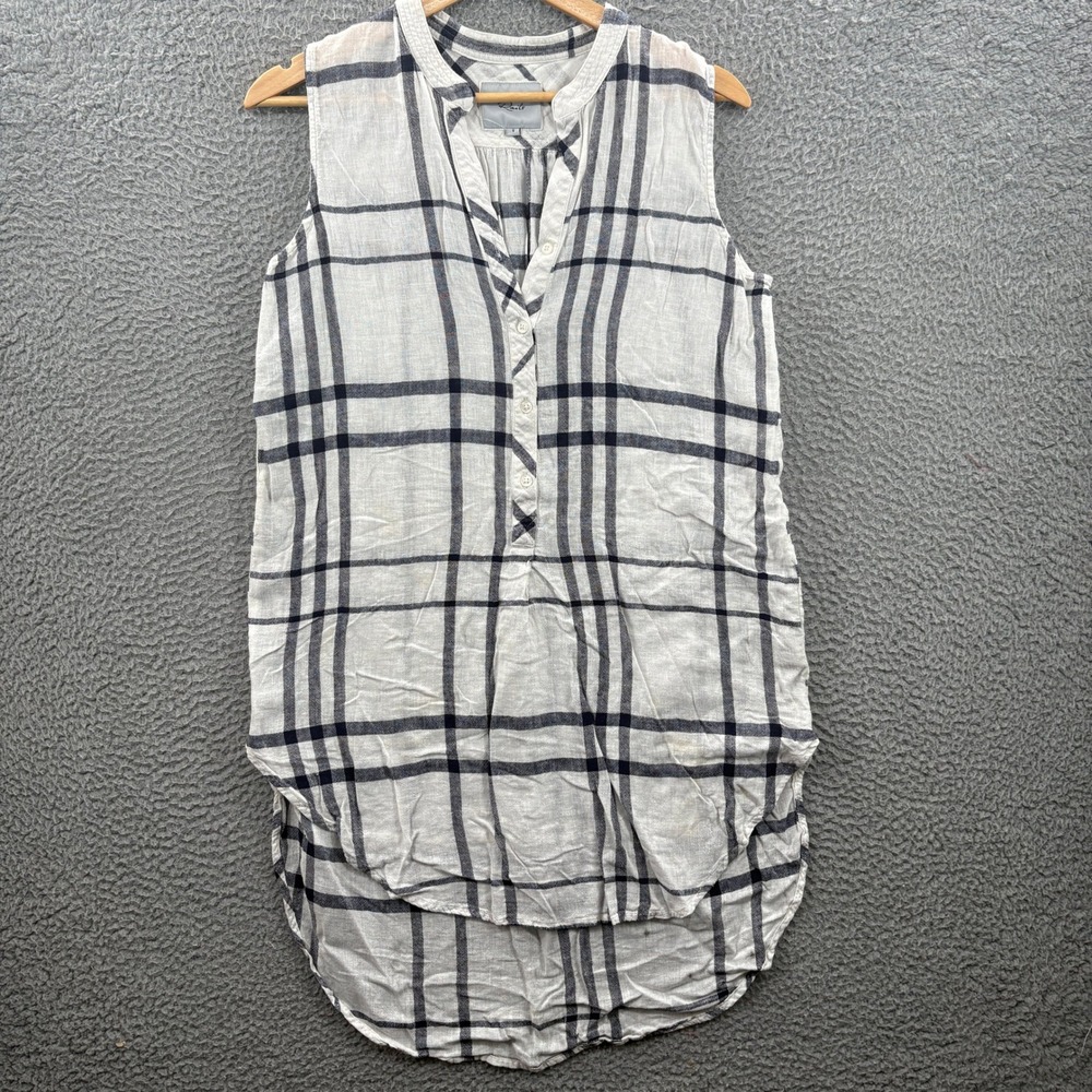 Rails Top Womens Small Sleeveless Tunic White Navy Plaid Linen Blend Henley‎